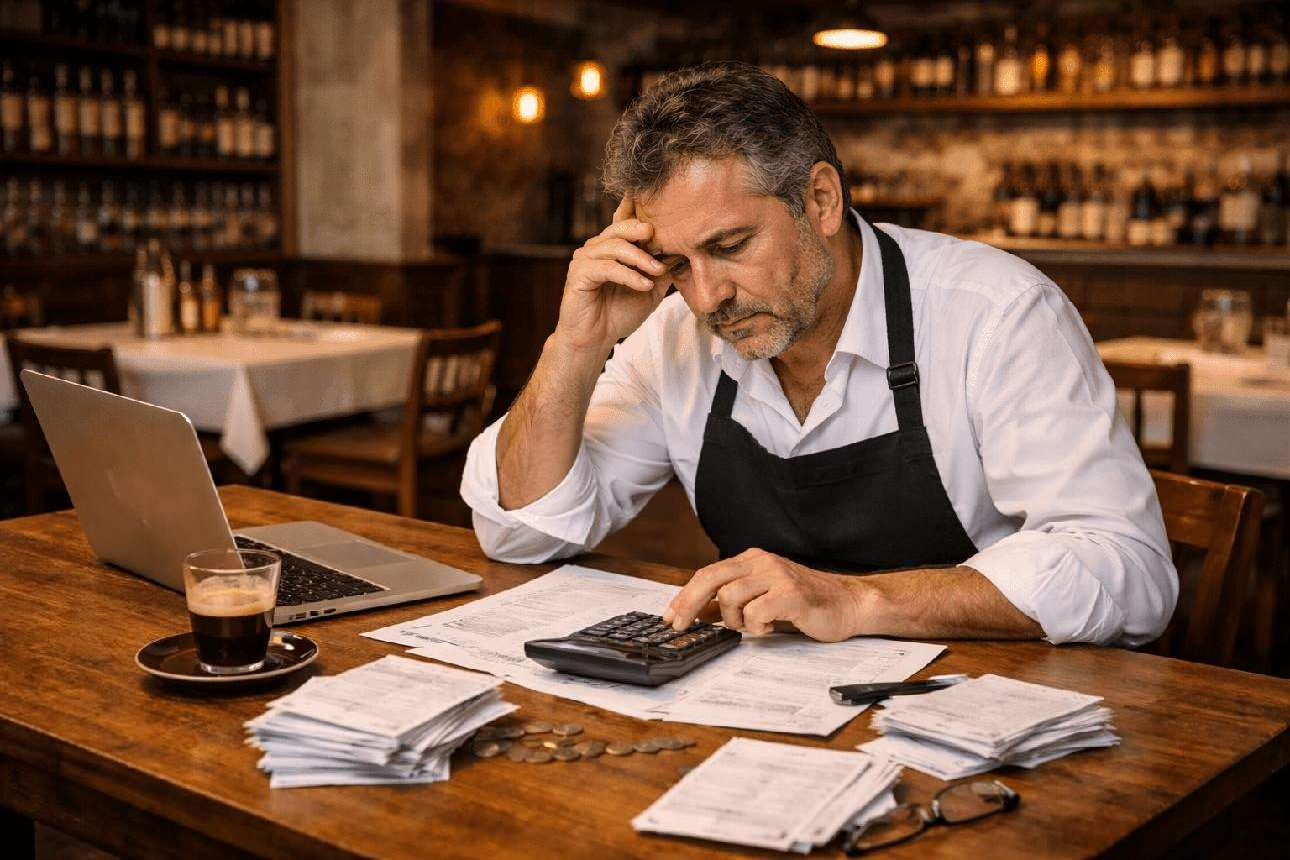 Responsável pelo negócio conferindo documentos e contas à mesa