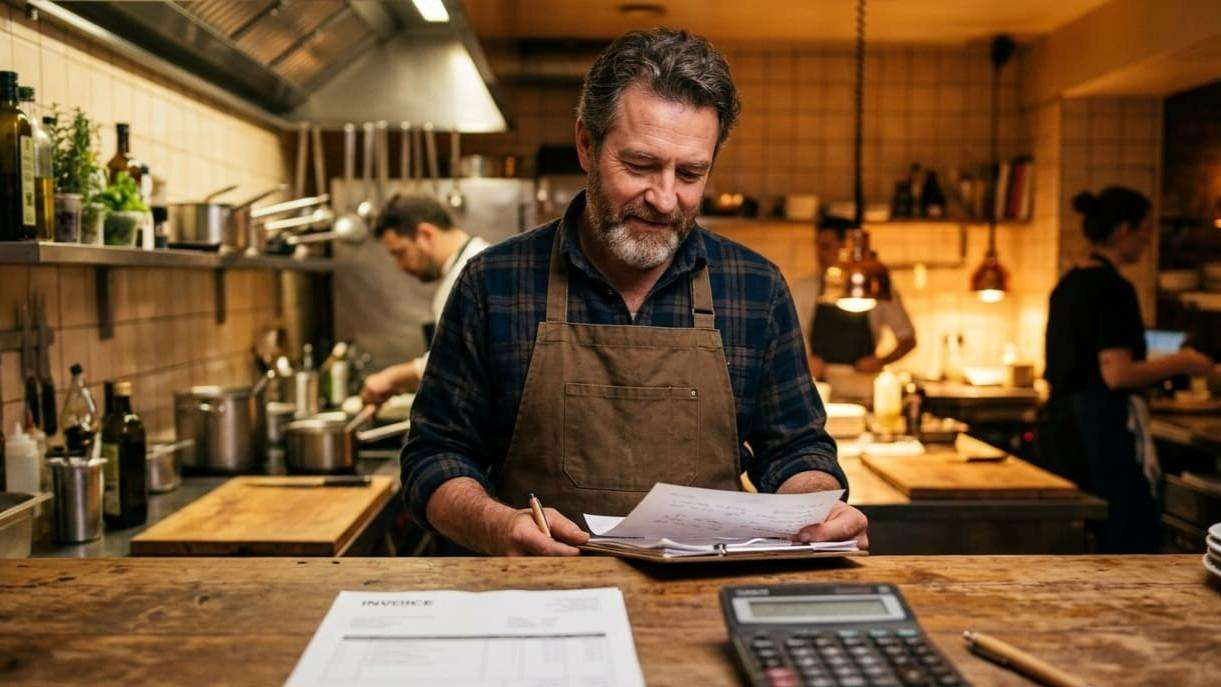 Empresário de alimentação analisando os custos do estabelecimento